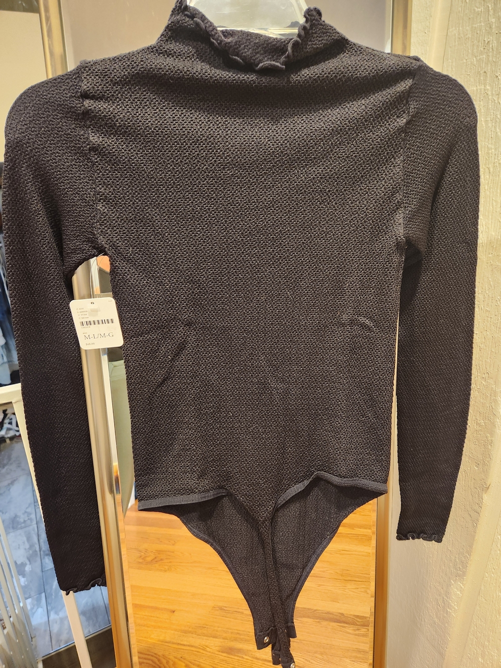 Free People Black Textured Long Sleeve Bodysuit with Ruffle Neck